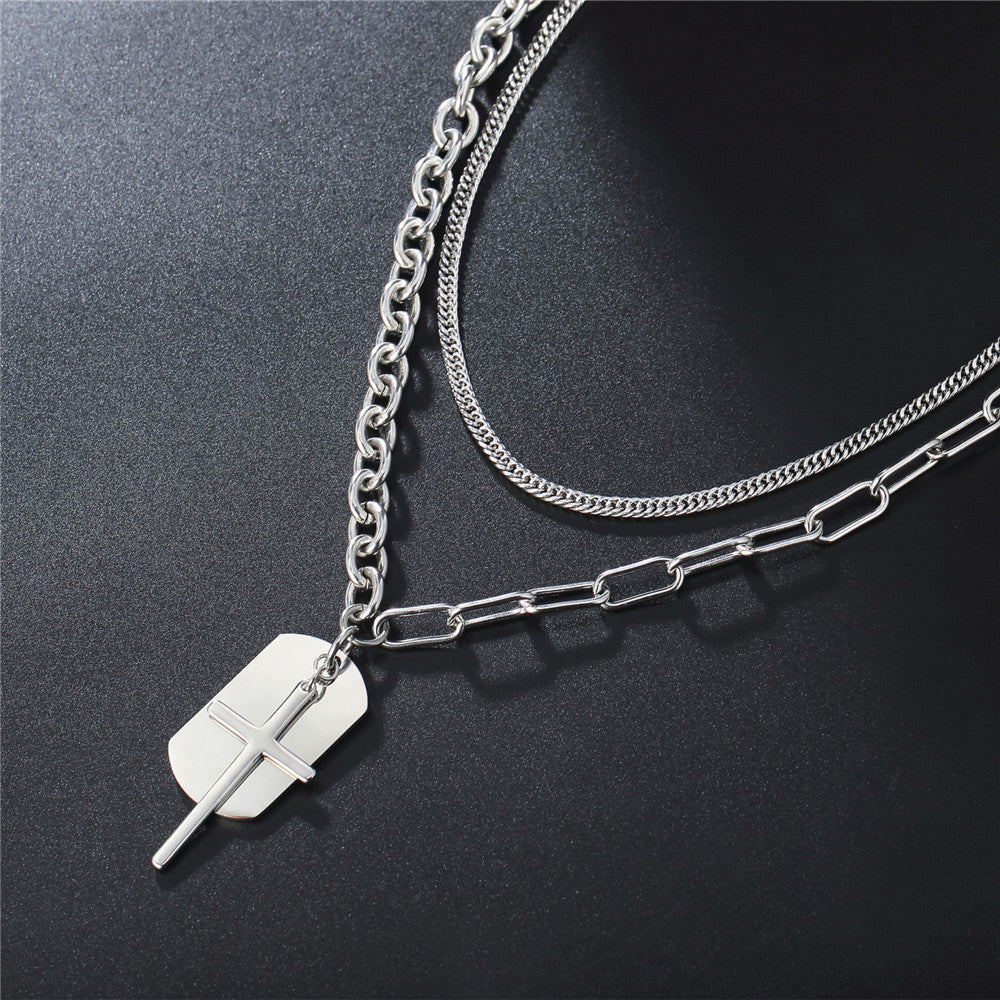 Planderful Punk Cross Necklace Stainless Steel Multi Layer Domineering Protection Statement Unisex