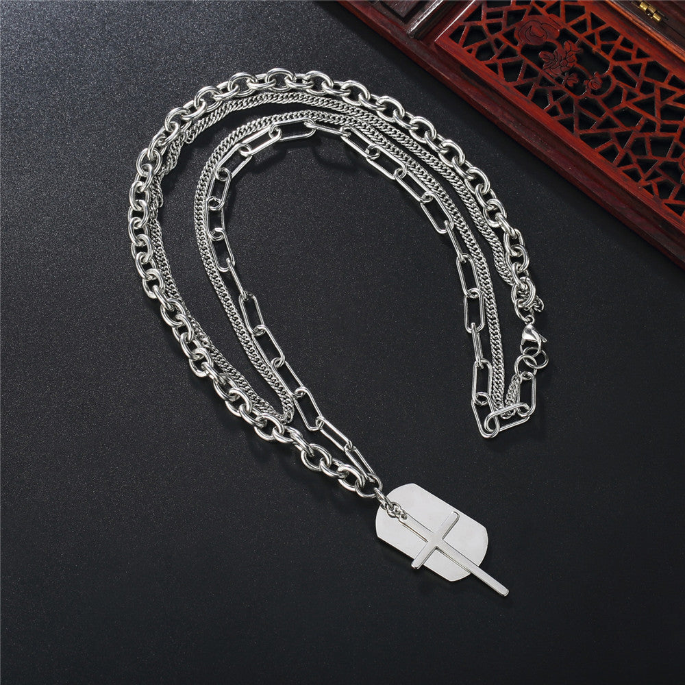 Planderful Punk Cross Necklace Stainless Steel Multi Layer Domineering Protection Statement Unisex