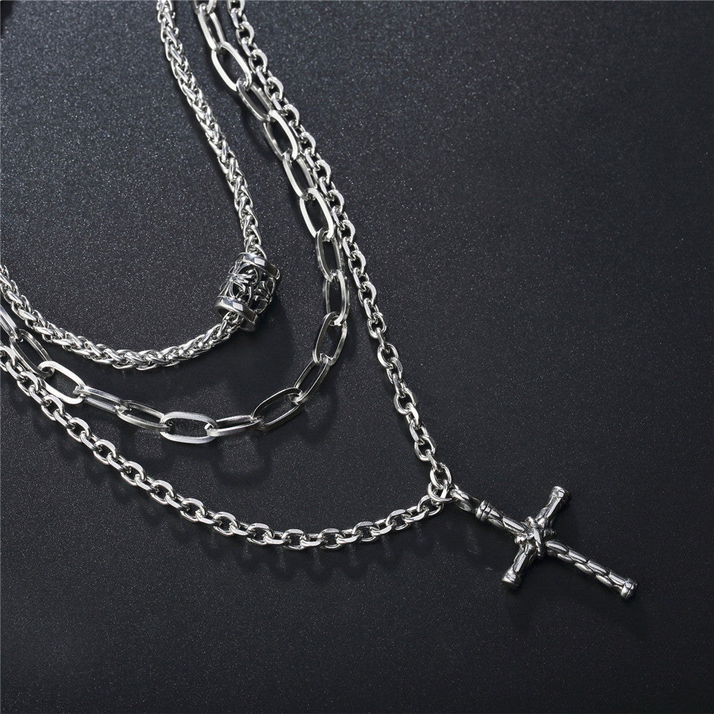 Planderful Punk Cross Necklace For Unisex Multi Layer Retro Rock Steel Pendant Bold Statement
