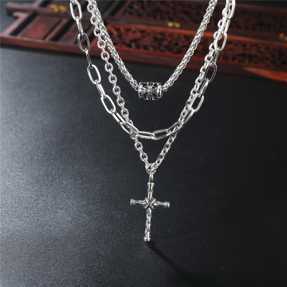 Planderful Punk Cross Necklace For Unisex Multi Layer Retro Rock Steel Pendant Bold Statement
