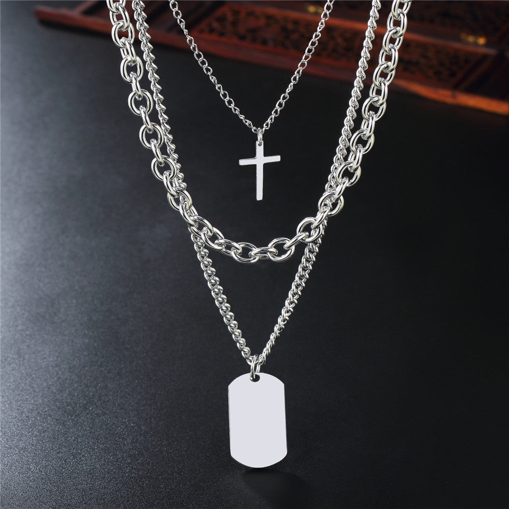 Planderful Stainless Steel Necklace Unisex Multilayer Cross Pendant Long Statement Jewelry