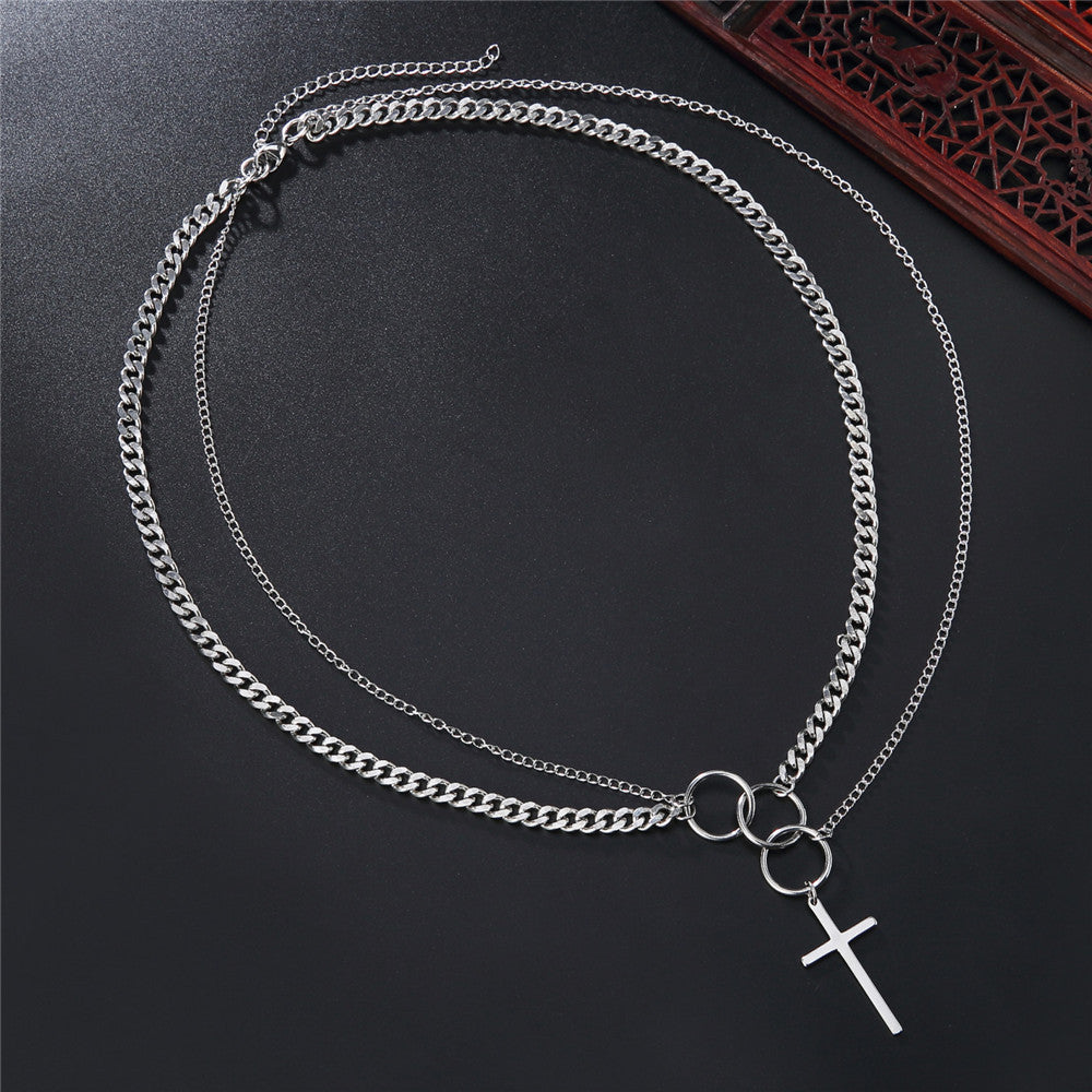Planderful Titanium Steel Double Cross Necklace For Unisex Long Statement Pendant Durable Stainless Jewelry
