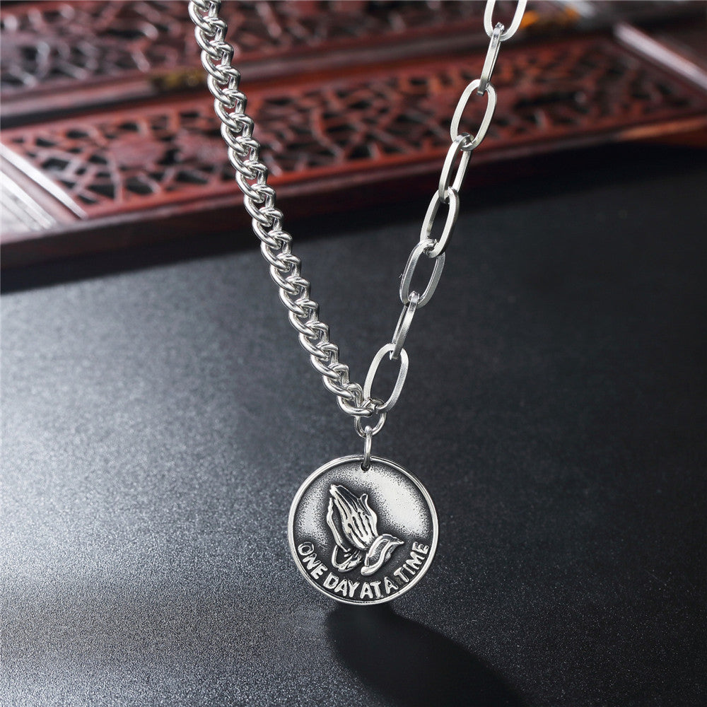 Planderful Double Hand Prayer Rock Necklace Stainless Steel Unisex Protection Pendant
