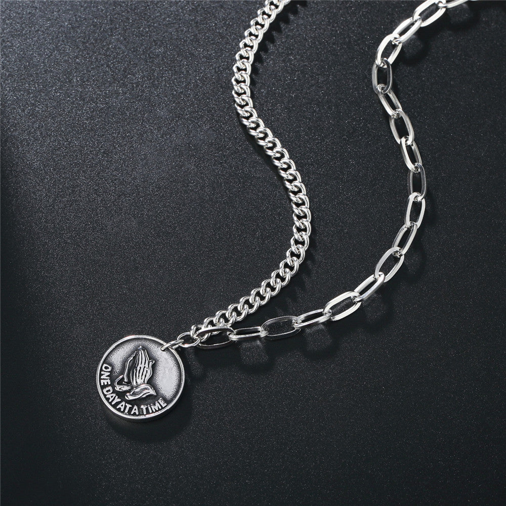 Planderful Double Hand Prayer Rock Necklace Stainless Steel Unisex Protection Pendant