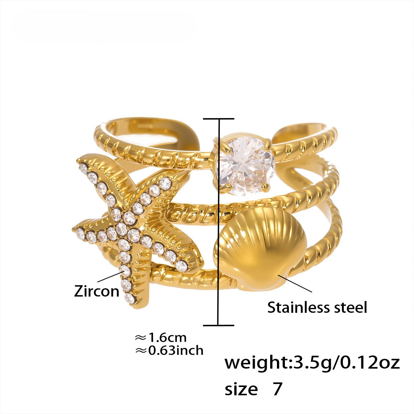 Planderful Ocean Zircon Shell Ring 18K Gold Plated Lovers