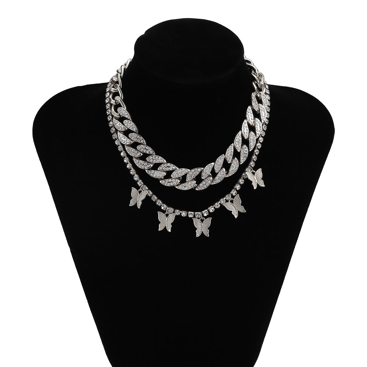 Planderful Vienna Verve Exaggerated Zircon Cuban Chain Necklace With Butterfly Tassel For Bold Fashion Statement