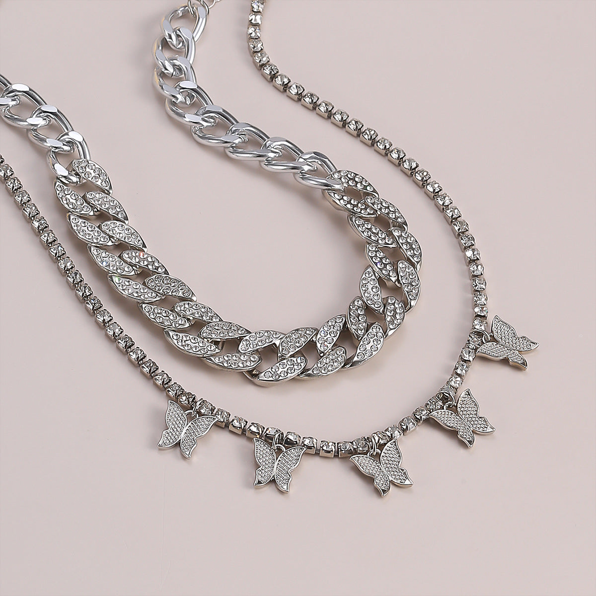 Planderful Vienna Verve Exaggerated Zircon Cuban Chain Necklace With Butterfly Tassel For Bold Fashion Statement