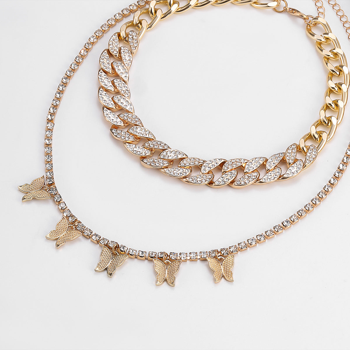 Planderful Vienna Verve Exaggerated Zircon Cuban Chain Necklace With Butterfly Tassel For Bold Fashion Statement