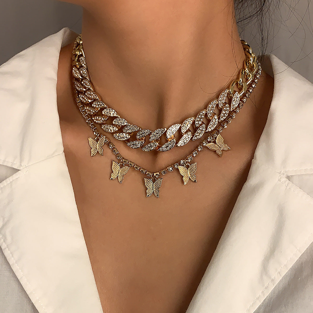 Planderful Vienna Verve Exaggerated Zircon Cuban Chain Necklace With Butterfly Tassel For Bold Fashion Statement