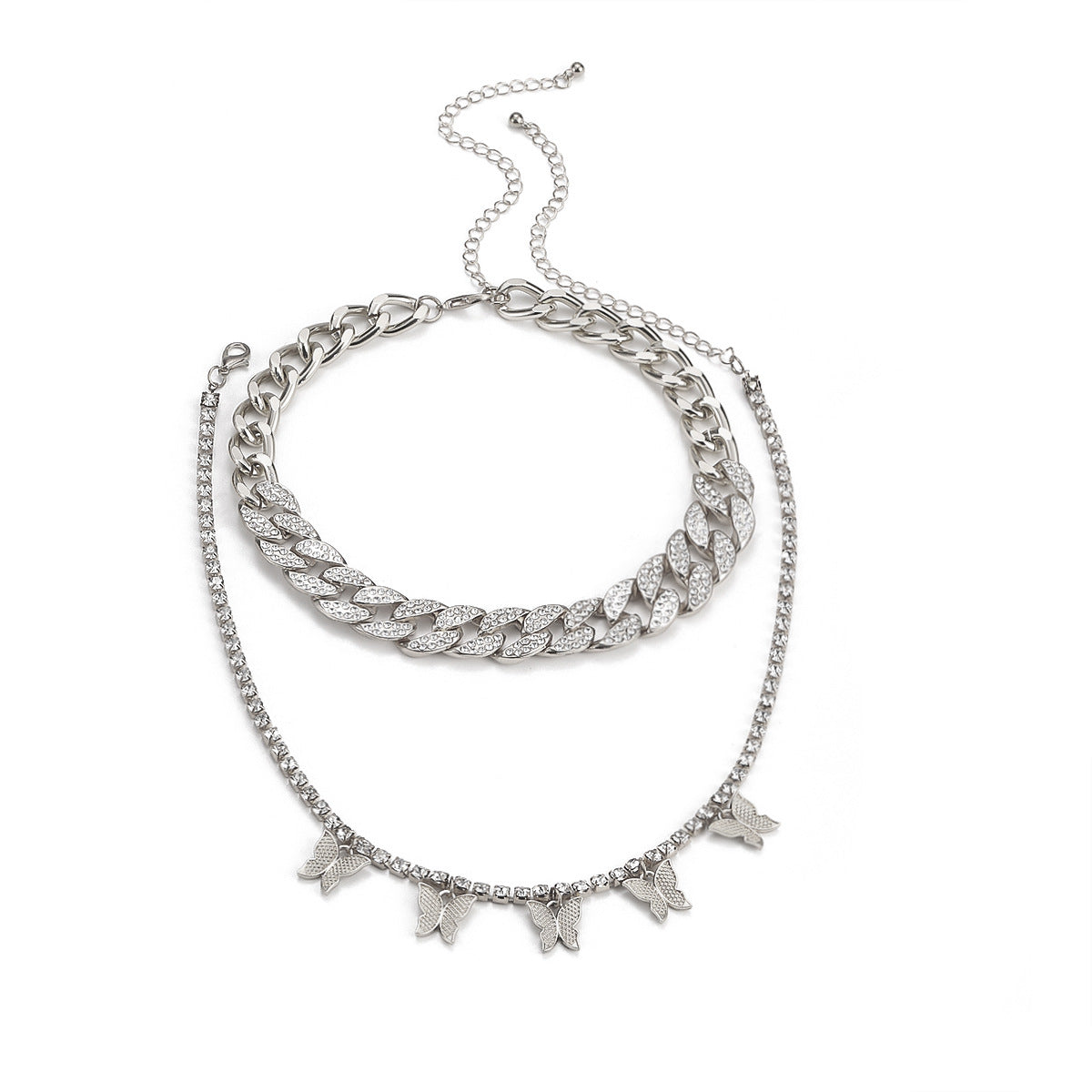 Planderful Vienna Verve Exaggerated Zircon Cuban Chain Necklace With Butterfly Tassel For Bold Fashion Statement