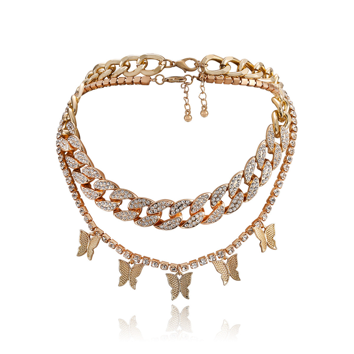 Planderful Vienna Verve Exaggerated Zircon Cuban Chain Necklace With Butterfly Tassel For Bold Fashion Statement