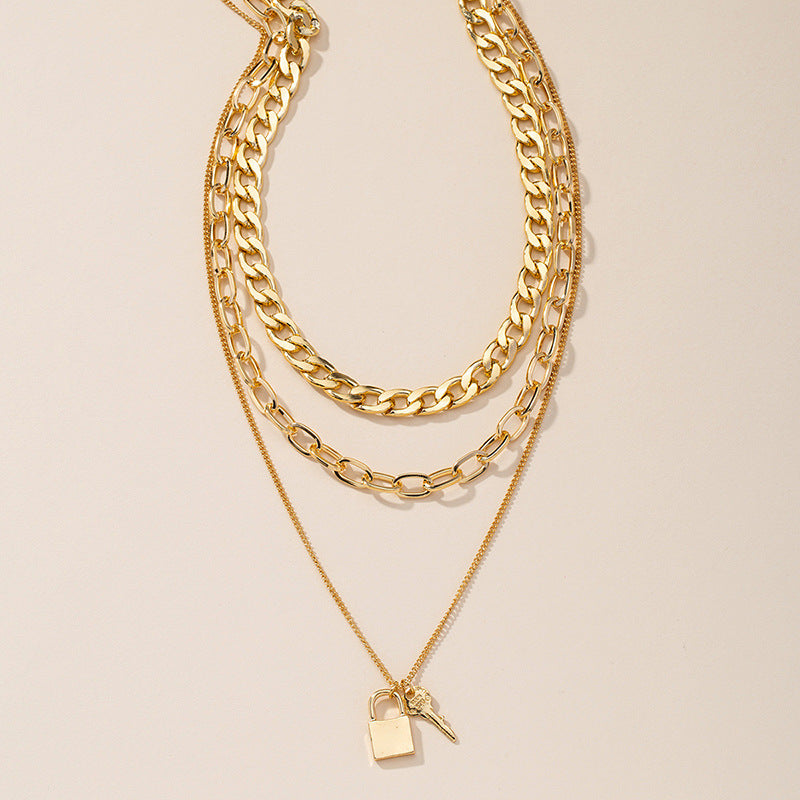 Fashionable Three-Layer Lock Pendant Necklace with Cross-Border Charm