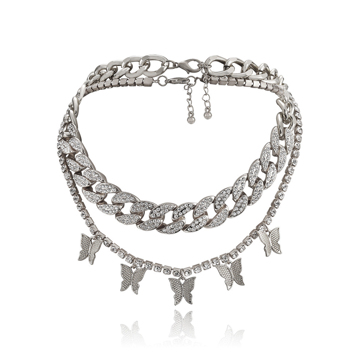 Planderful Vienna Verve Exaggerated Zircon Cuban Chain Necklace With Butterfly Tassel For Bold Fashion Statement