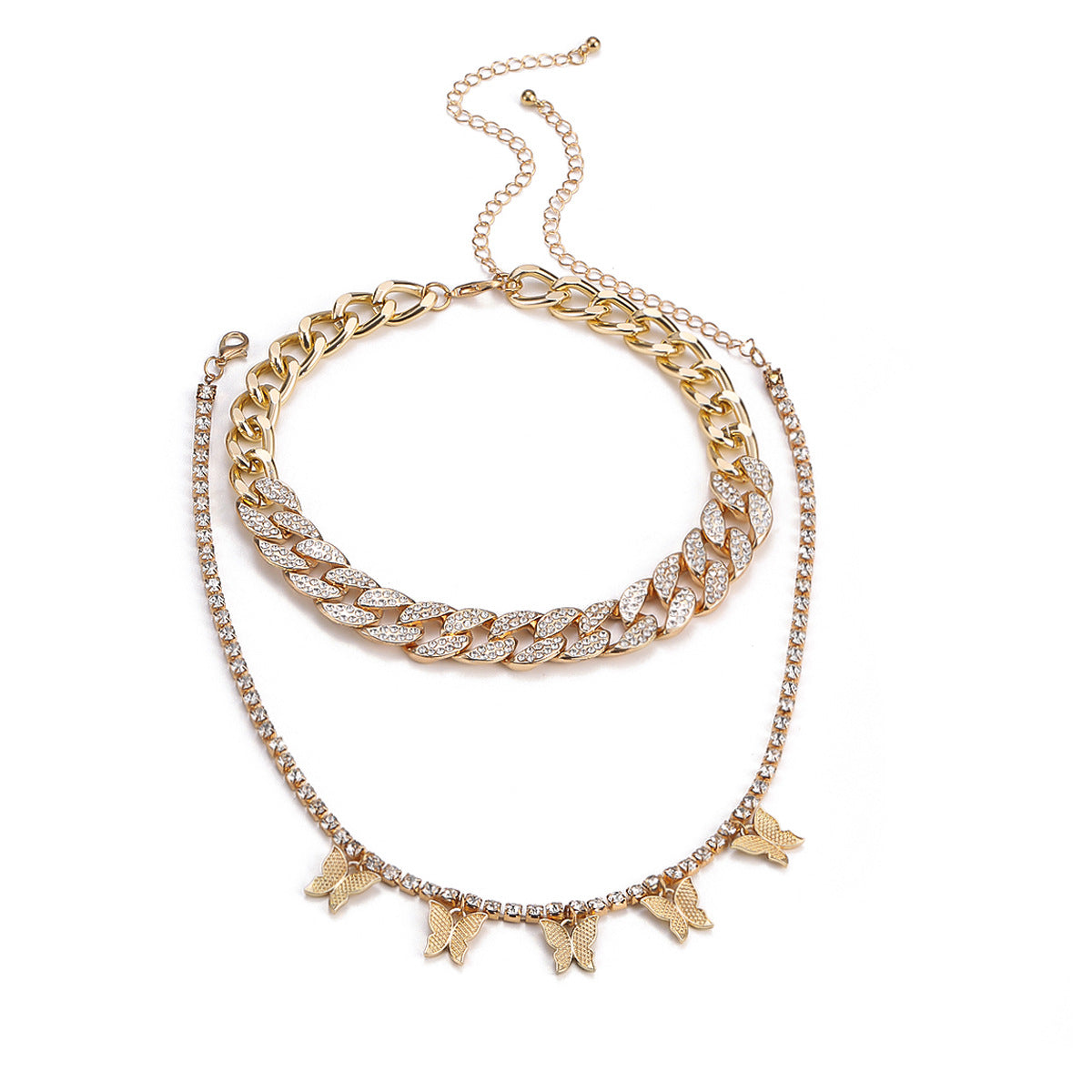 Planderful Vienna Verve Exaggerated Zircon Cuban Chain Necklace With Butterfly Tassel For Bold Fashion Statement