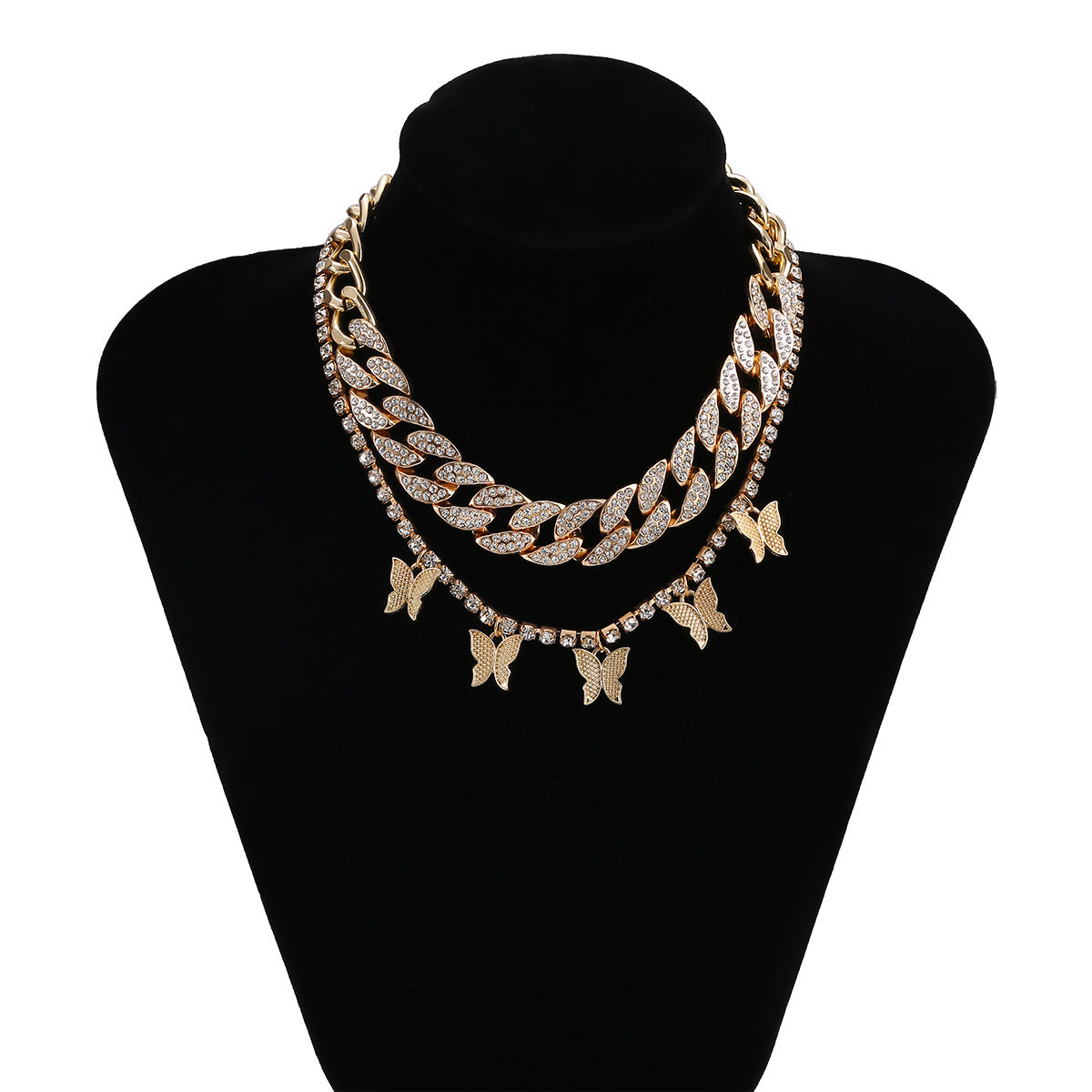Planderful Vienna Verve Exaggerated Zircon Cuban Chain Necklace With Butterfly Tassel For Bold Fashion Statement