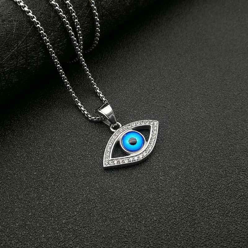 Planderful Hip Hop Jewelry Titanium Steel Gold Plated Zircon Turkish Blue Eye Pendant Necklace For Streetwear Fans