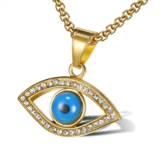 Planderful Hip Hop Jewelry Titanium Steel Gold Plated Zircon Turkish Blue Eye Pendant Necklace For Streetwear Fans