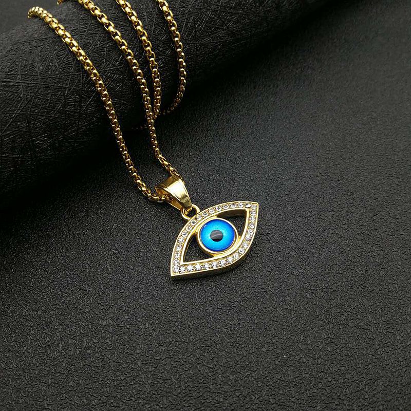 Planderful Hip Hop Jewelry Titanium Steel Gold Plated Zircon Turkish Blue Eye Pendant Necklace For Streetwear Fans