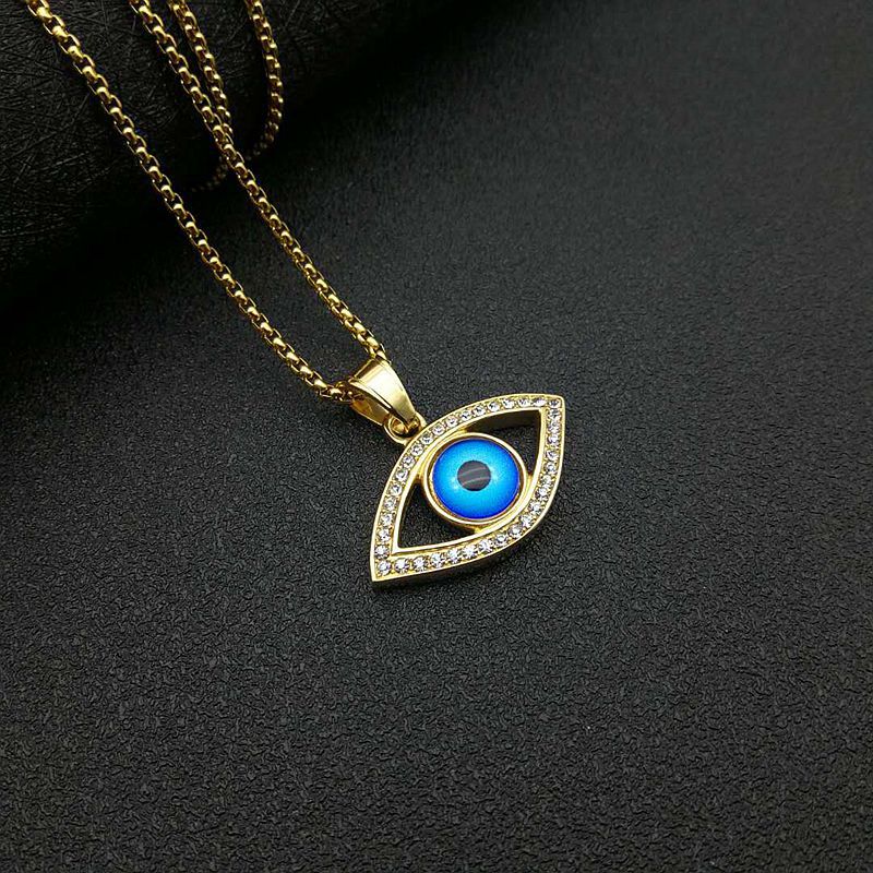 Planderful Hip Hop Jewelry Titanium Steel Gold Plated Zircon Turkish Blue Eye Pendant Necklace For Streetwear Fans