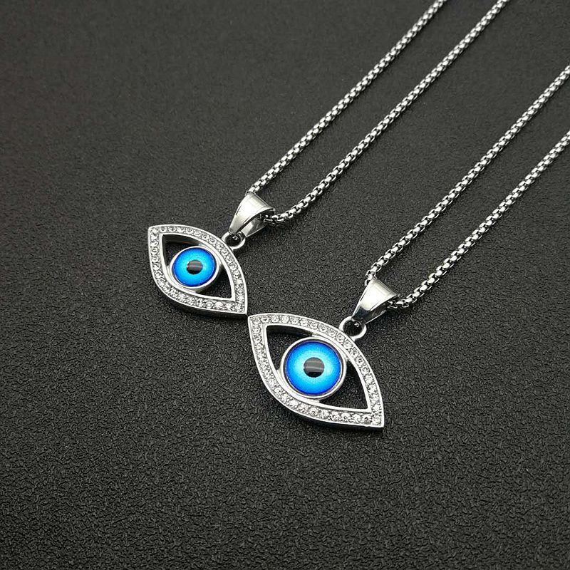 Planderful Hip Hop Jewelry Titanium Steel Gold Plated Zircon Turkish Blue Eye Pendant Necklace For Streetwear Fans