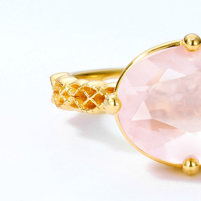 Oval Pink Crystal Woven Pattern Opening Silver Ring