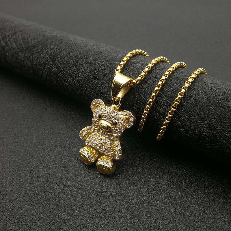 Hip Hop Jewelry Bear Pendant Necklace Titanium Steel Gold Plated Zircon Unisex Planderful Everyday Genie