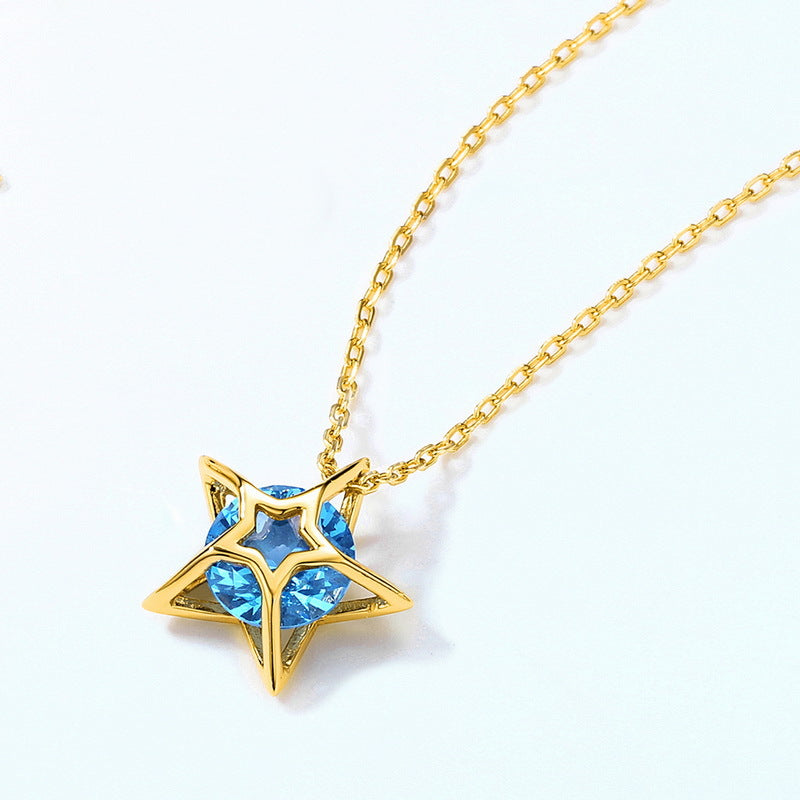 Round Blue Spinel Geometric Hollow Star Pendant Sterling Silver Necklace