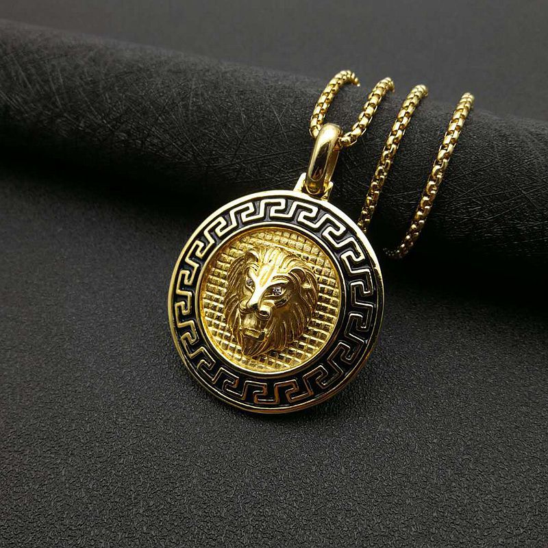 Planderful Everyday Genie Titanium Steel Gold Plated Zircon Lion Head Pendant Necklace for Men