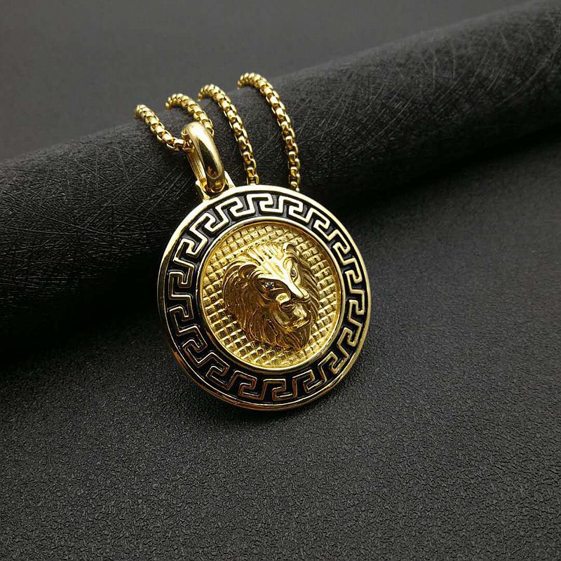 Planderful Everyday Genie Titanium Steel Gold Plated Zircon Lion Head Pendant Necklace for Men