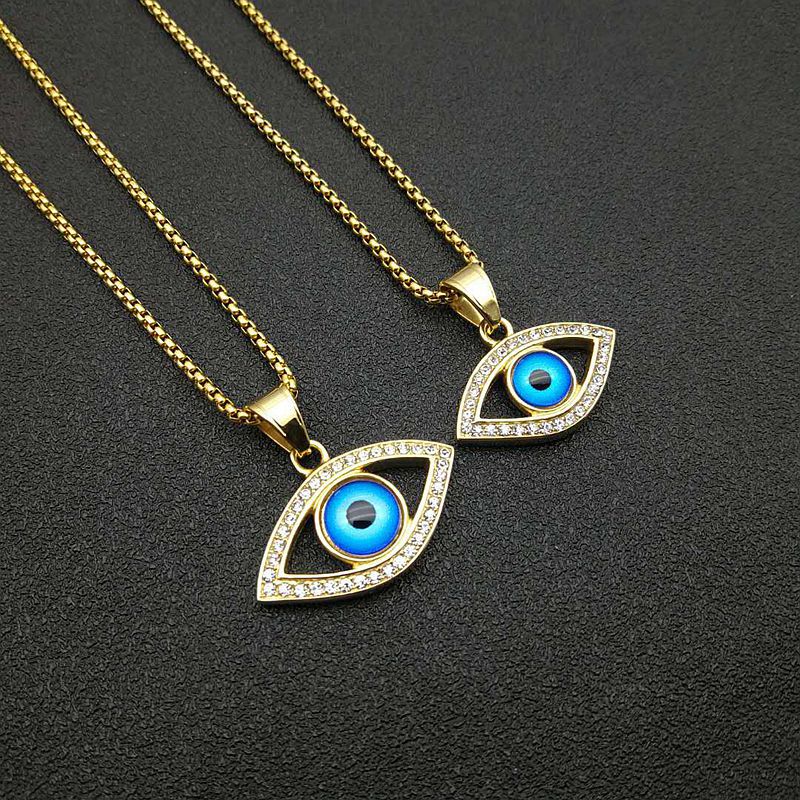 Planderful Hip Hop Jewelry Titanium Steel Gold Plated Zircon Turkish Blue Eye Pendant Necklace For Streetwear Fans