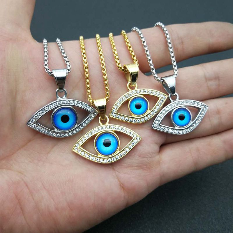 Planderful Hip Hop Jewelry Titanium Steel Gold Plated Zircon Turkish Blue Eye Pendant Necklace For Streetwear Fans