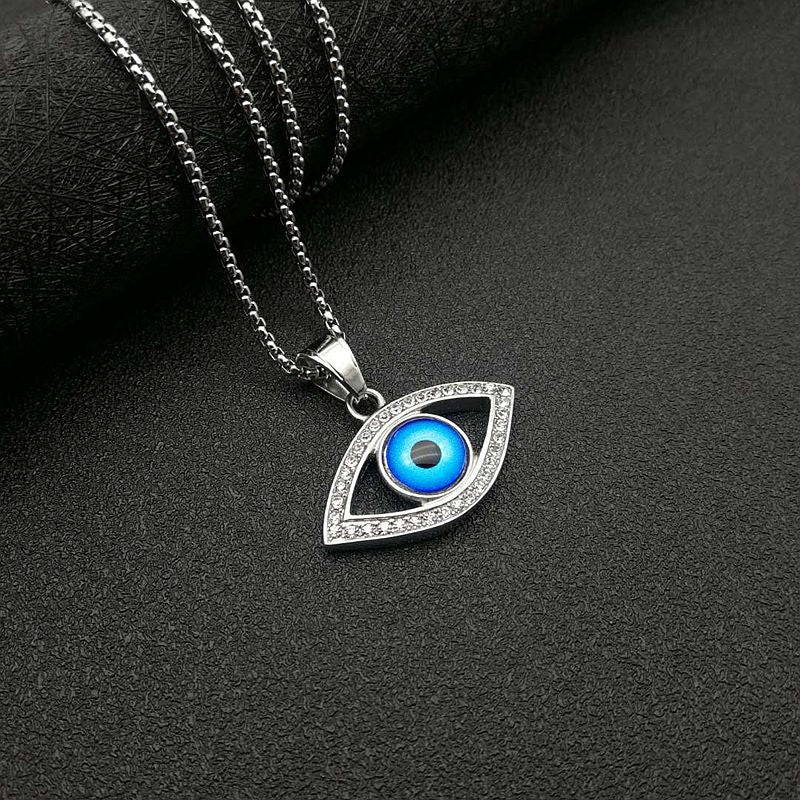 Planderful Hip Hop Jewelry Titanium Steel Gold Plated Zircon Turkish Blue Eye Pendant Necklace For Streetwear Fans