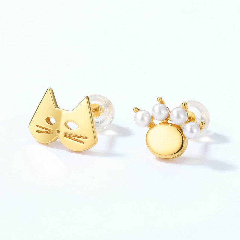 Cute Cat and Cat Palm Pearl Asymmetric Sterling Silver Stud Earrings