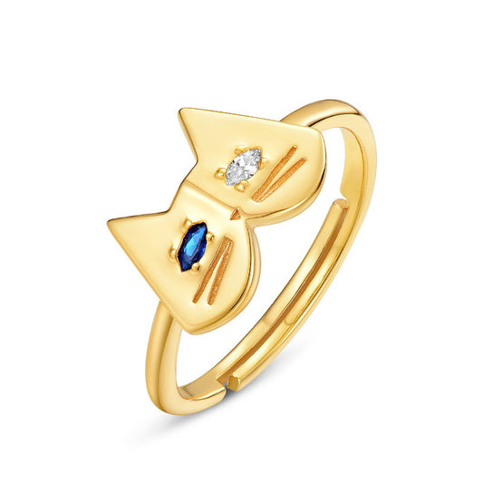 Mandarin Duck Eye Cute Cat Blue Spinel Zircon Opening Sterling Silver Ring
