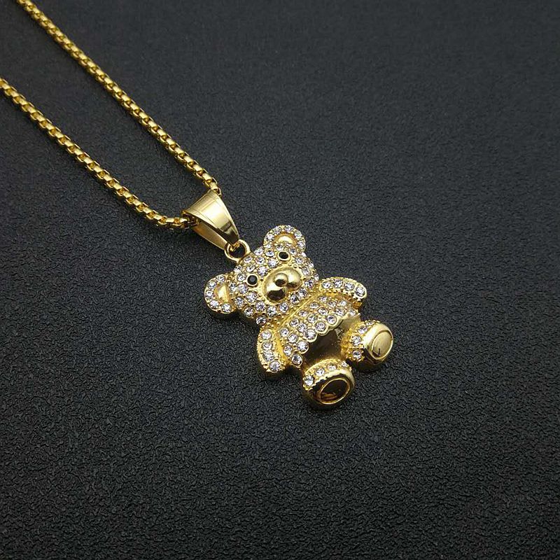 Hip Hop Jewelry Bear Pendant Necklace Titanium Steel Gold Plated Zircon Unisex Planderful Everyday Genie
