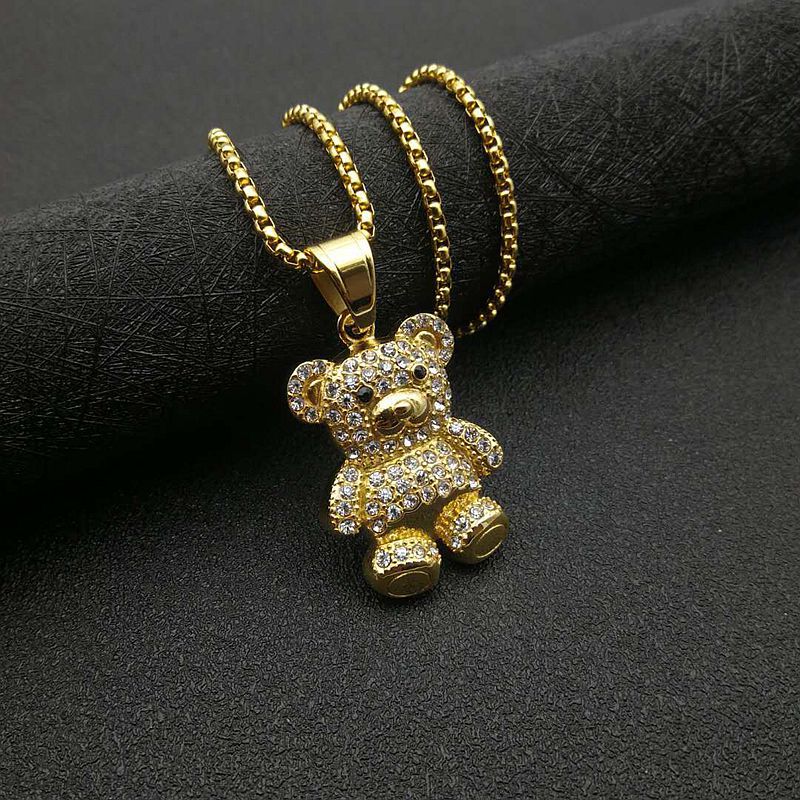 Hip Hop Jewelry Bear Pendant Necklace Titanium Steel Gold Plated Zircon Unisex Planderful Everyday Genie
