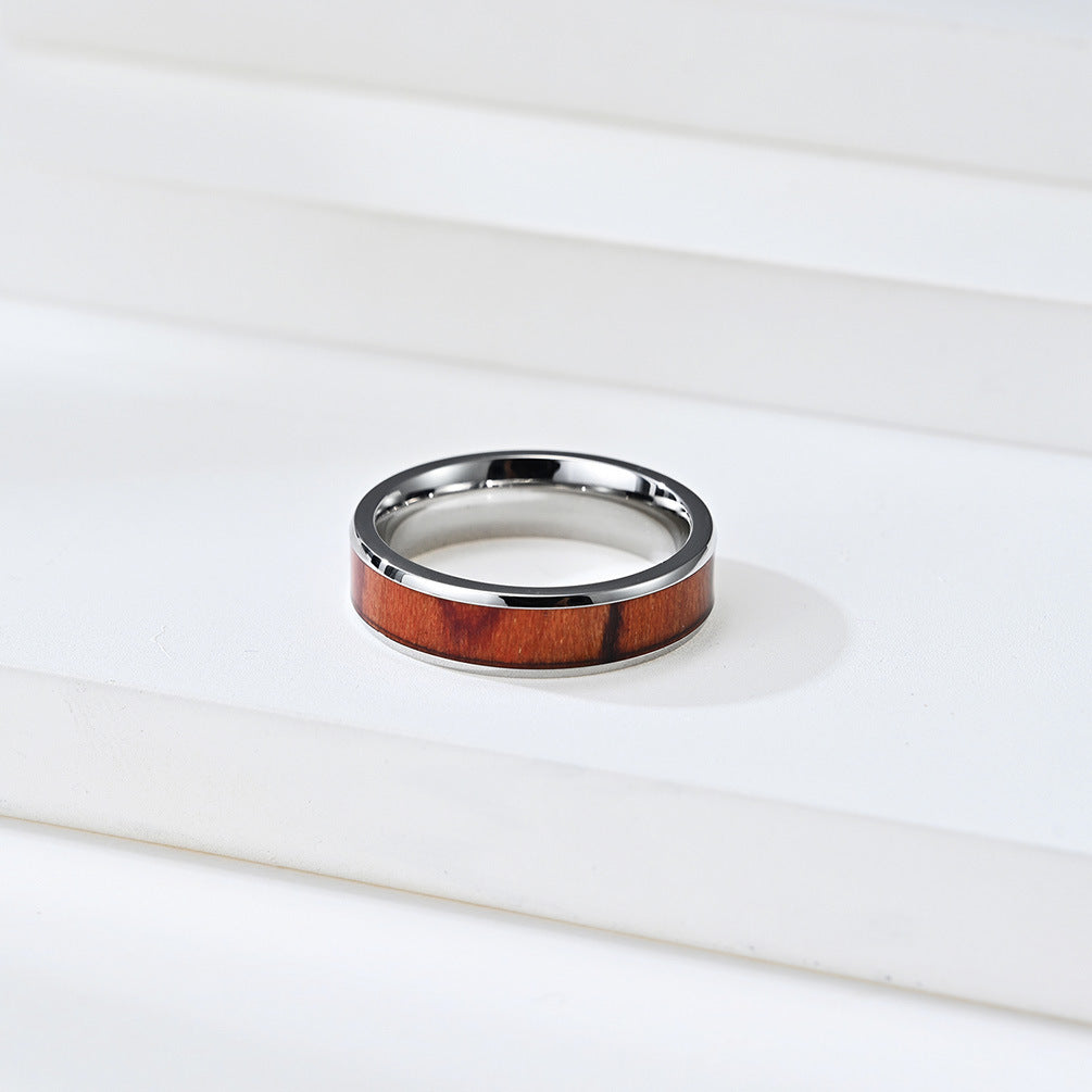 4/6/8mm Wood & Leather Inlay Stainless Steel Ring