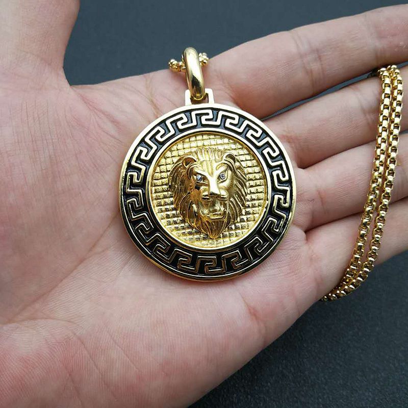 Planderful Everyday Genie Titanium Steel Gold Plated Zircon Lion Head Pendant Necklace for Men