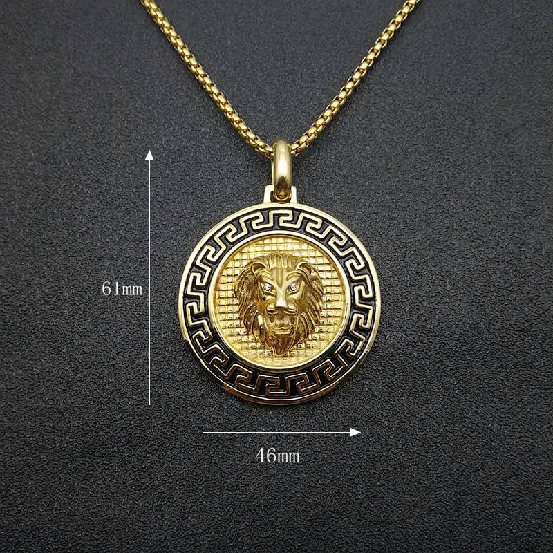 Planderful Everyday Genie Titanium Steel Gold Plated Zircon Lion Head Pendant Necklace for Men