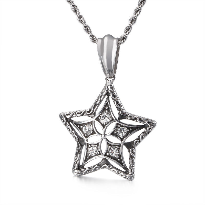 European-American Retro Star Pendant with Diamond Accent - Men's Stainless Steel Jewelry Piece