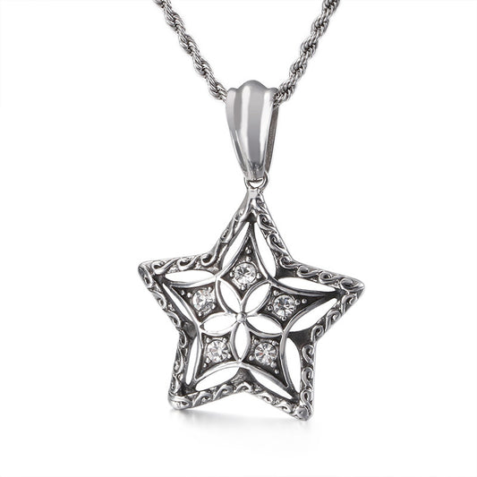 European-American Retro Star Pendant with Diamond Accent - Men's Stainless Steel Jewelry Piece