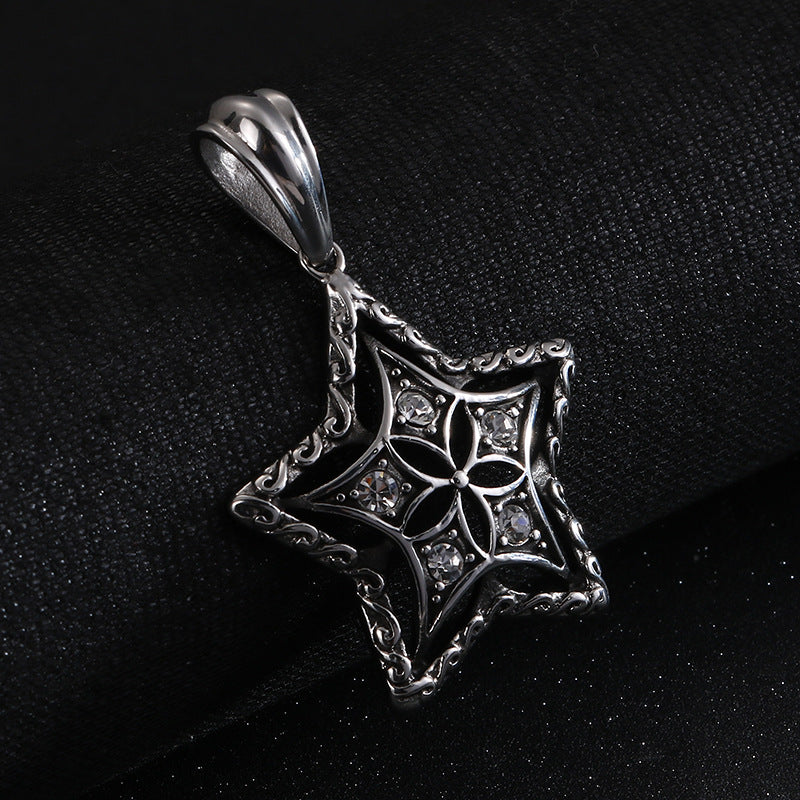 European-American Retro Star Pendant with Diamond Accent - Men's Stainless Steel Jewelry Piece