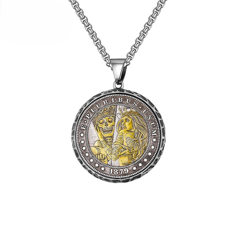 Stainless Steel Necklace - Statement Skull Disc Pendant With Mahjong Coin Charm Limited Edition