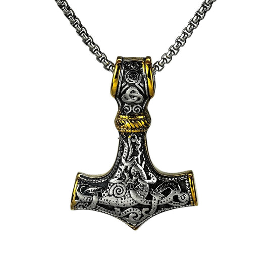 Planderful Thor Hammer Pendant Necklace for Men in Stainless Steel Double Sided Iconic Norse Mythology Jewelry