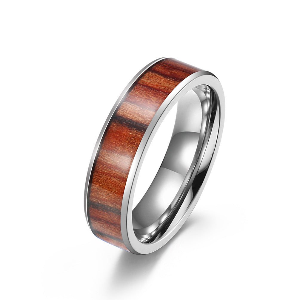 4/6/8mm Wood & Leather Inlay Stainless Steel Ring