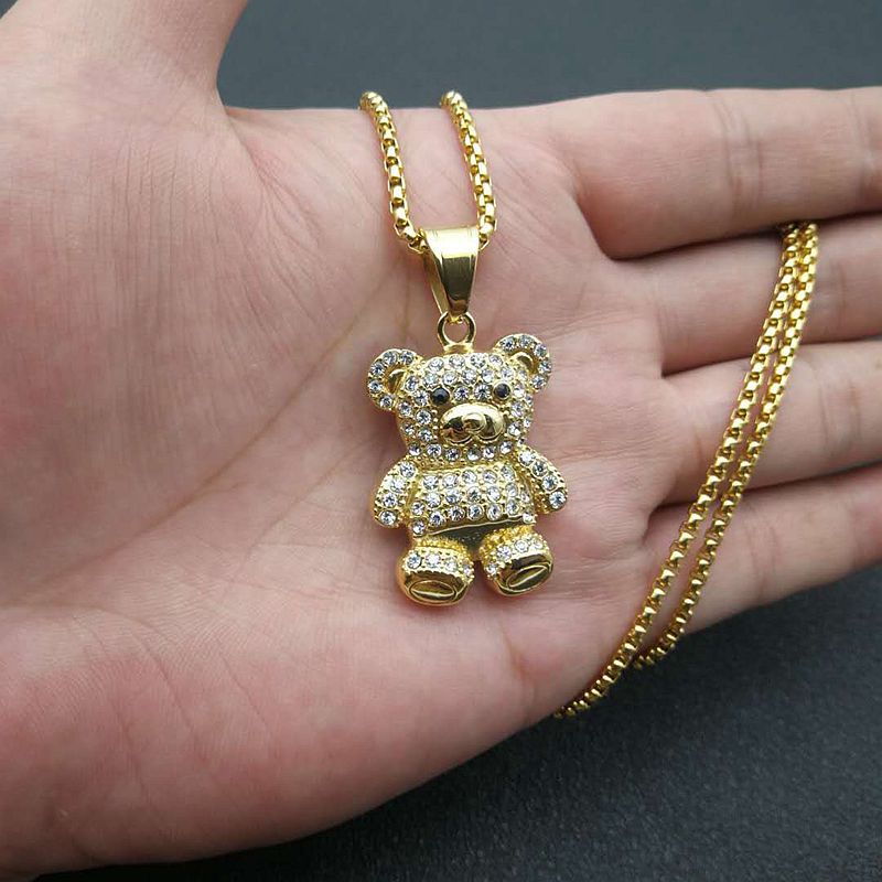 Hip Hop Jewelry Bear Pendant Necklace Titanium Steel Gold Plated Zircon Unisex Planderful Everyday Genie