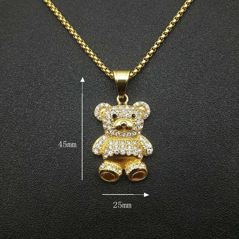 Hip Hop Jewelry Bear Pendant Necklace Titanium Steel Gold Plated Zircon Unisex Planderful Everyday Genie
