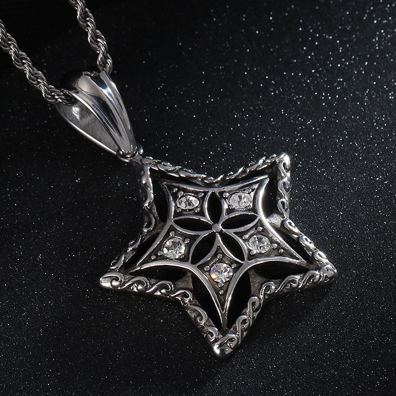 European-American Retro Star Pendant with Diamond Accent - Men's Stainless Steel Jewelry Piece