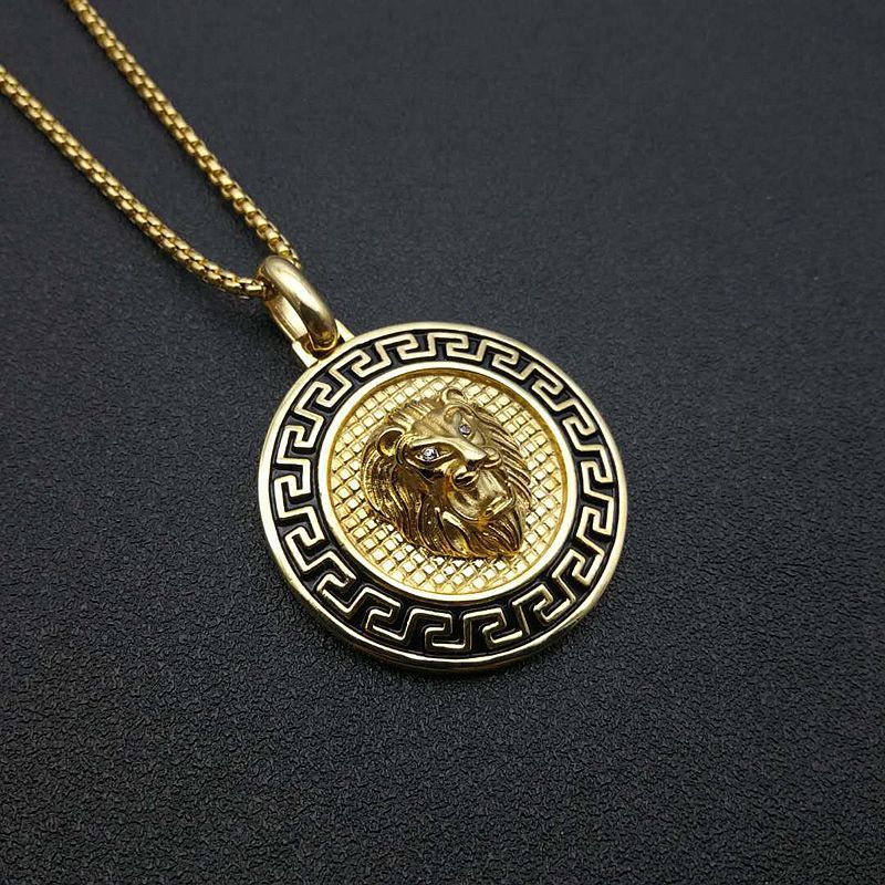 Planderful Everyday Genie Titanium Steel Gold Plated Zircon Lion Head Pendant Necklace for Men