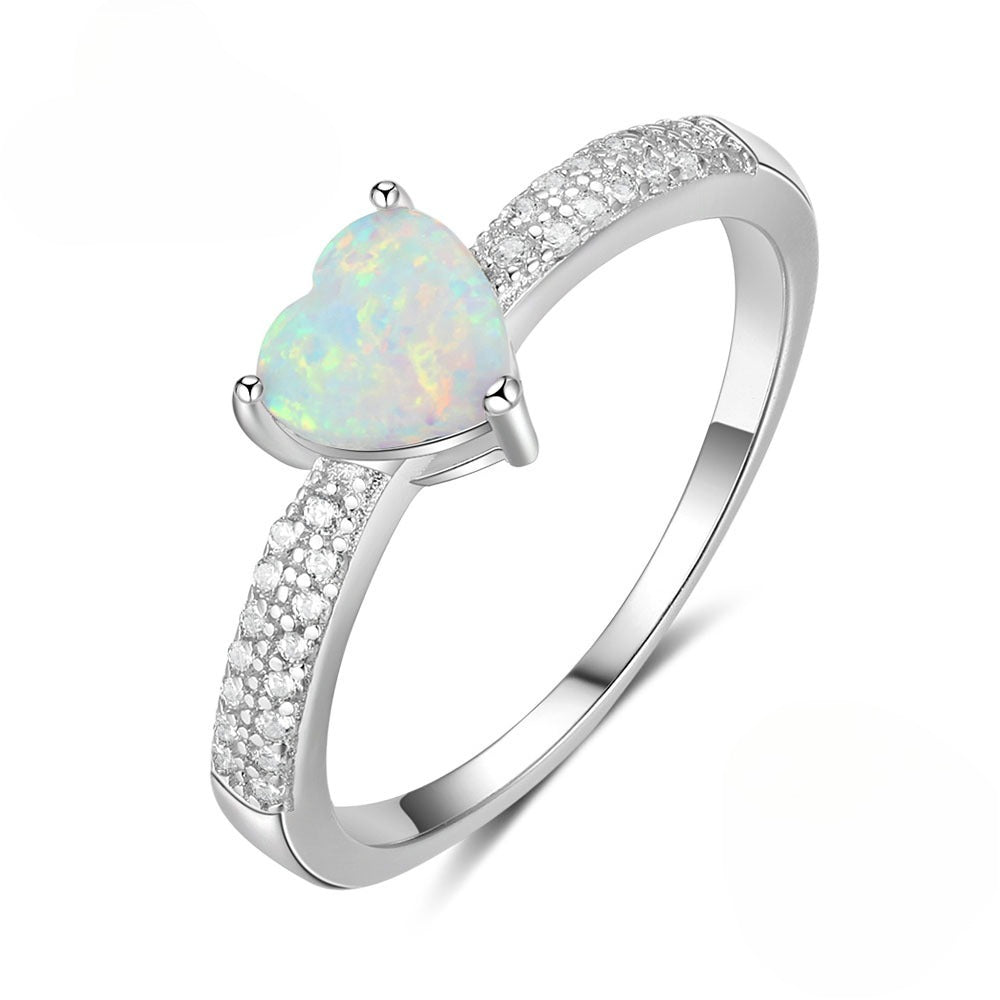 Planderful Jewelry Sterling Silver Opal Ring Heart Shaped Design With Zircon Accent For Elegant Everyday Wear